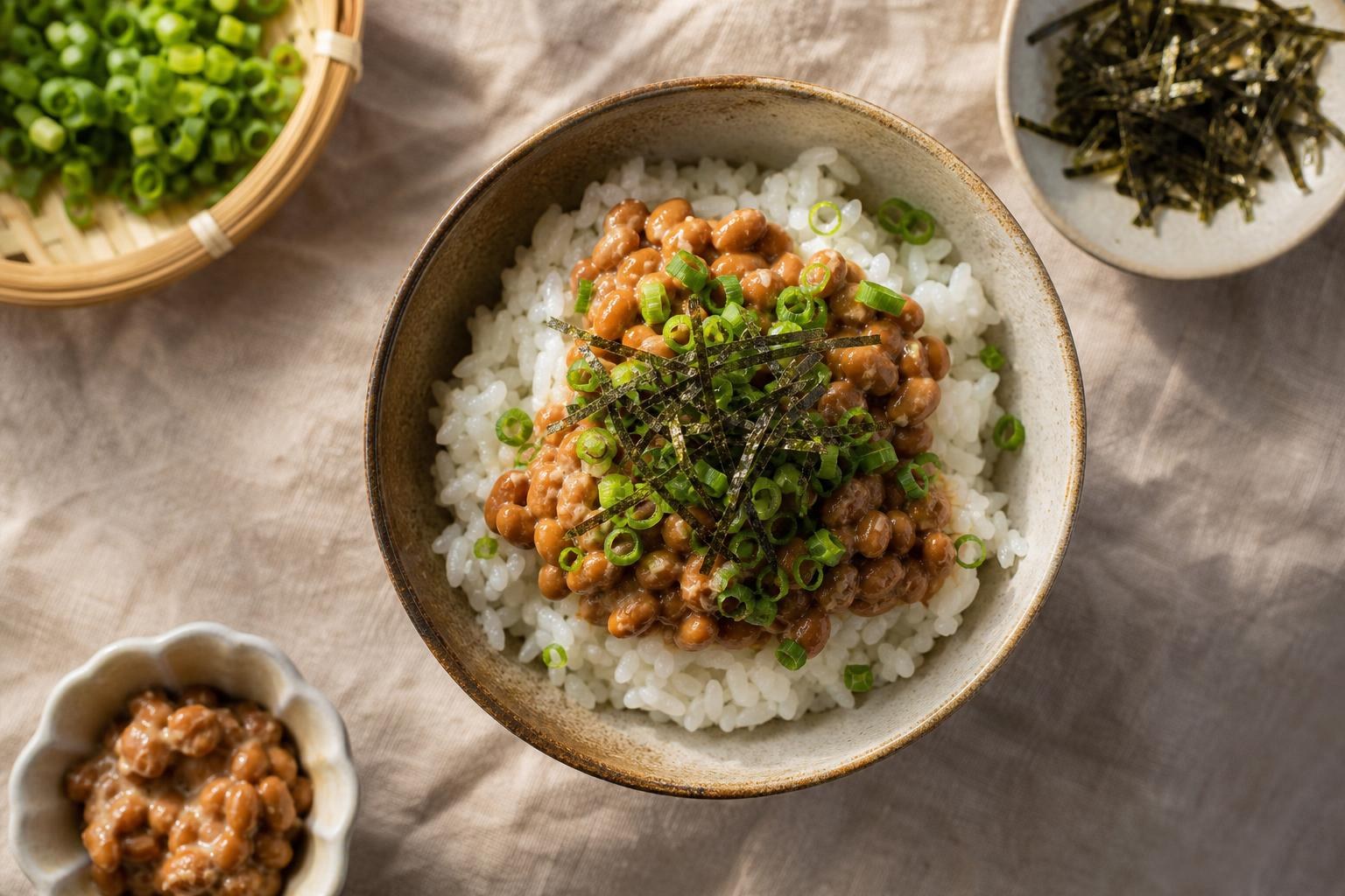 Natto and rice with green onions